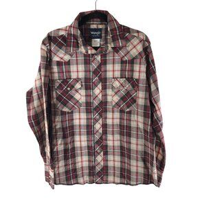 Wrangler Mens Plaid Western Shirt Pearl Snap Button Up Plaid Red White L